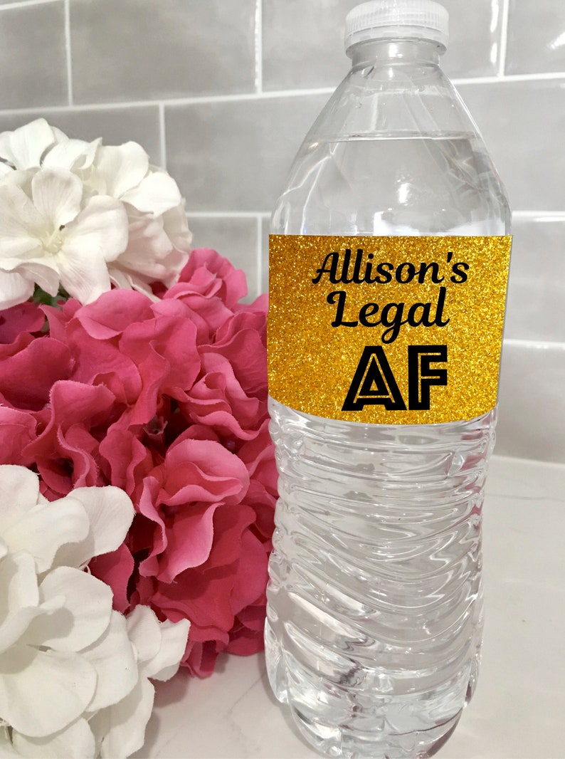 May include: A clear plastic water bottle with a gold glitter label that says "Allison's Legal AF".