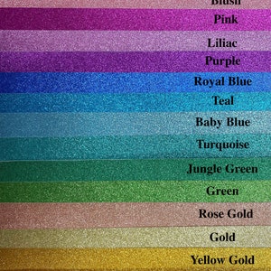 May include: A collection of 17 glitter cardstock sheets in various colors, including black, silver, blush, pink, lilac, purple, royal blue, teal, baby blue, turquoise, jungle green, green, rose gold, gold, yellow gold, orange, and red.