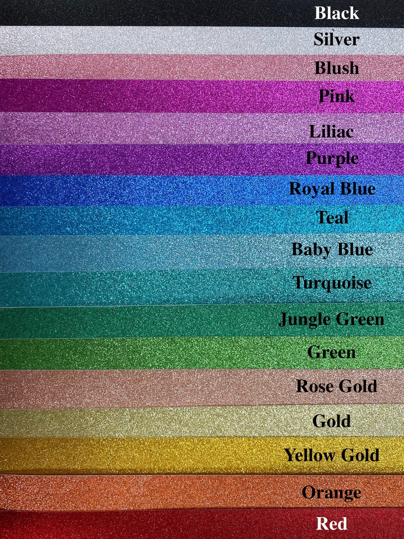 May include: A collection of 17 glitter cardstock sheets in various colors, including black, silver, blush, pink, lilac, purple, royal blue, teal, baby blue, turquoise, jungle green, green, rose gold, gold, yellow gold, orange, and red.