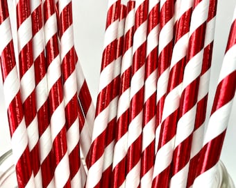 Christmas Paper Straws, Red and White Foil Paper Straws, Christmas Straws, Christmas Cake Pop Sticks, Peppermint Theme, Holiday Paper Straws