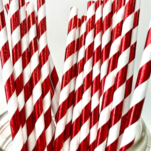 Christmas Paper Straws, Red and White Foil Paper Straws, Christmas Straws, Christmas Cake Pop Sticks, Peppermint Theme, Holiday Paper Straws