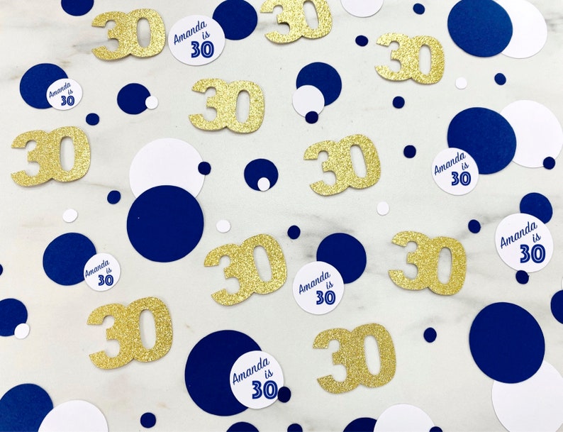 May include: Gold glitter confetti with the number 30 and white circles with the text "Amanda is 30" on a white background with navy blue circles.