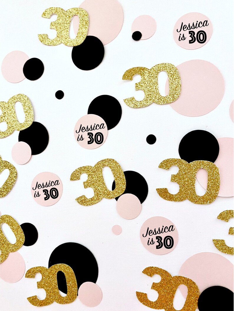 May include: Gold glitter confetti with the number 30 and pink and black circles. The text "Jessica is 30" is on several of the circles.