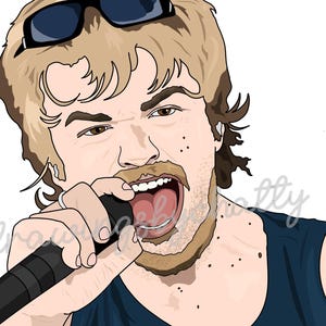 May include: Illustration of a person singing into a black microphone. The person has light brown hair, a beard, and is wearing sunglasses. The person is wearing a dark blue vest. The background is white.
