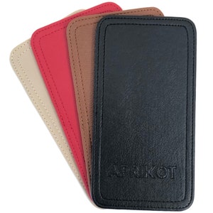 May include: Four leather phone cases in beige, red, brown, and black. The black case has the word "APRIKOT" embossed on the front.