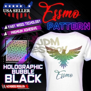 May include: A white t-shirt with a holographic black bubble design of a phoenix with the text "JDM Essmo" and "Essmo Pattern" in red and purple text.