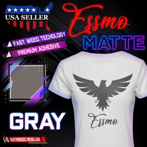 May include: Gray t-shirt with a gray eagle design and the text "Essmo Matte" in red and purple. The shirt is on a black background with the text "USA Seller", "Fast Weed Technology", "Premium Adhesive", and "Authorized Reseller" in white.