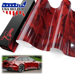 May include: A roll of red and black camouflage patterned vinyl wrap film with a glossy finish. The packaging box features the text Essmo and a USA map graphic. A station wagon car is shown with the same red and black camouflage vinyl wrap applied.