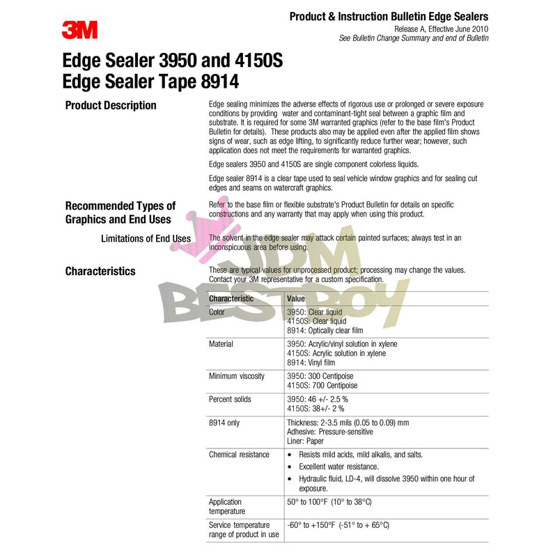 May include: 3M Edge Sealer 3950 and 4150S and Edge Sealer Tape 8914 product information sheet. The sheet lists the product characteristics, including color, material, minimum viscosity, percent solids, chemical resistance, application temperature, service temperature, and range of product use.