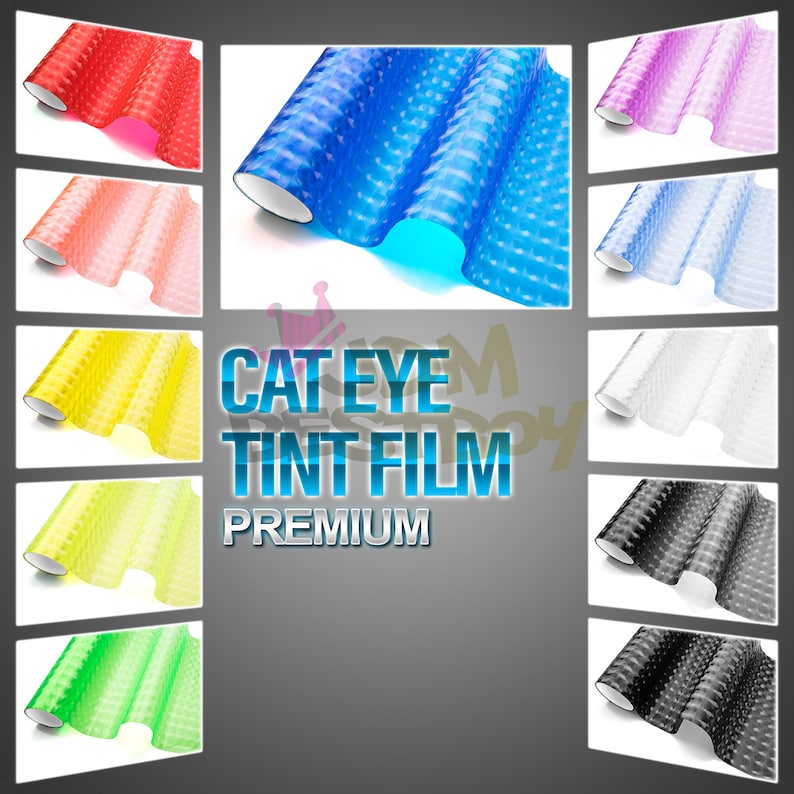 Puede incluir: Una variedad de colores de pel&iacute;cula de tinte para ojos de gato, incluyendo rojo, rosa, azul, amarillo, verde, blanco, negro y gris. La pel&iacute;cula tiene un patr&oacute;n texturizado en forma de diamante. El texto "CAT EYE TINT FILM PREMIUM" se muestra en el centro de la imagen.