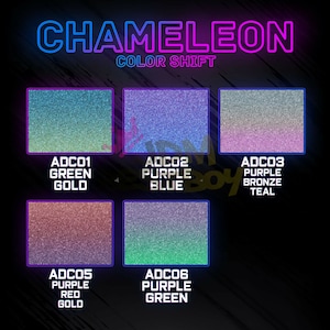 May include: Six small squares of color-shifting nail polish. Each square shows a different color shift, including green gold, purple blue, purple bronze teal, purple red gold, and purple green.