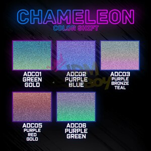 May include: Six small square jars of color-shifting nail polish. The jars are labeled with the names "ADCO1 Green Gold", "ADCO2 Purple Blue", "ADCO3 Purple Bronze Teal", "ADCO5 Purple Red Gold", and "ADCO6 Purple Green".