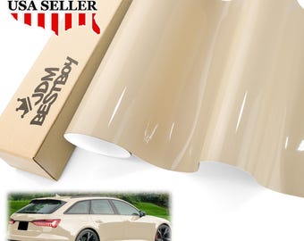 May include: A roll of beige vinyl wrap material with a glossy finish, next to a cardboard box with the text "JDM BESTBOY" and a USA Seller graphic. A beige car is shown in the bottom of the image.
