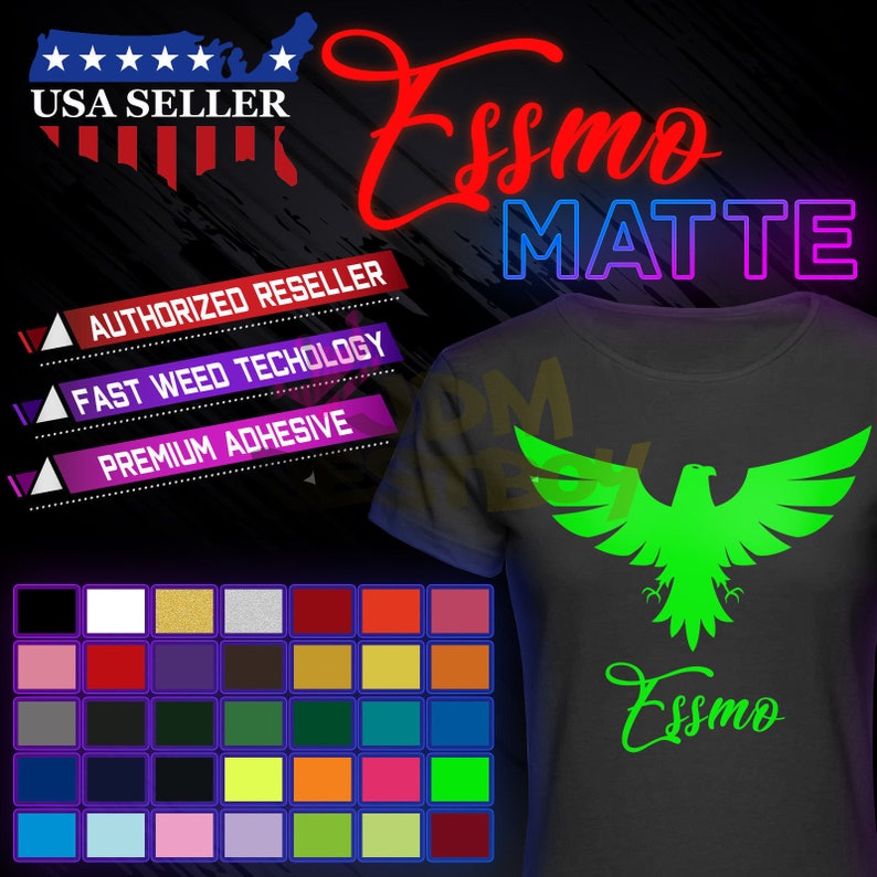 Puede incluir: Una camiseta negra con un gr&aacute;fico de &aacute;guila verde y el texto "Essmo Matte" en rojo y morado. La camiseta est&aacute; rodeada de una paleta de colores de 36 colores diferentes.