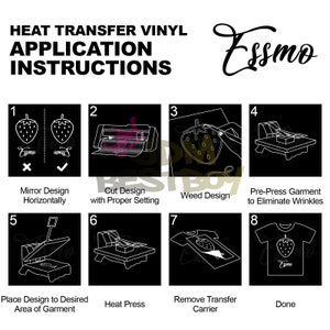 May include: A black and white illustration showing eight steps for applying heat transfer vinyl to a garment. The steps include mirroring the design, cutting the design, weeding the design, pre-pressing the garment, placing the design, heat pressing, removing the transfer carrier, and the finished product.