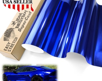 Vinilo adhesivo elástico para vehículos Supercast cromado azul real con liberación de aire y sin burbujas.