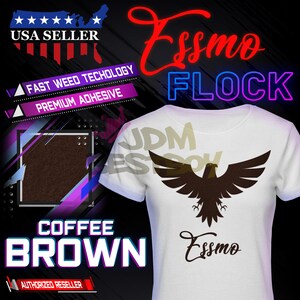 May include: A white t-shirt with a brown eagle graphic and the text "Essmo Flock" in red and purple. The shirt also has the text "JDM ESTOY" in gold. The background is black with a pink and purple design. The text "USA SELLER", "FAST WEED TECHOLOGY", "PREMIUM ADHESIVE", "COFFEE BROWN", and "AUTHORIZED RESELLER" are also visible.