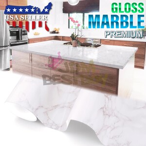 Gloss White Marble Granite Look Vinyl Contact Paper Home Kitchen 6702