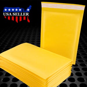 May include: A stack of ten yellow padded mailing envelopes. The envelopes are made of a durable, flexible material and have a self-sealing adhesive strip.