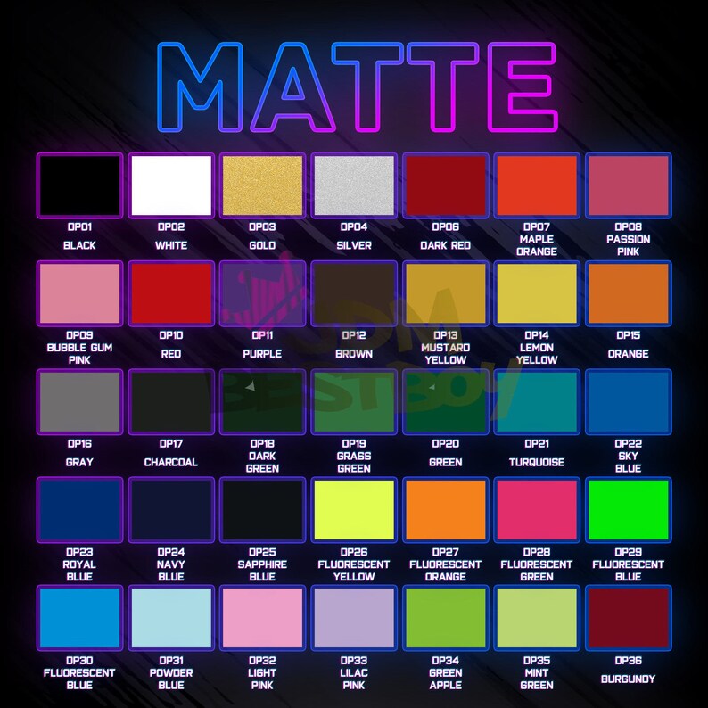 Puede incluir: Una carta de colores con 36 colores mate diferentes, etiquetados con n&uacute;meros y nombres. Los colores est&aacute;n dispuestos en filas y columnas, e incluyen tonos de rojo, azul, verde, amarillo, naranja, rosa, morado, marr&oacute;n, gris y negro.