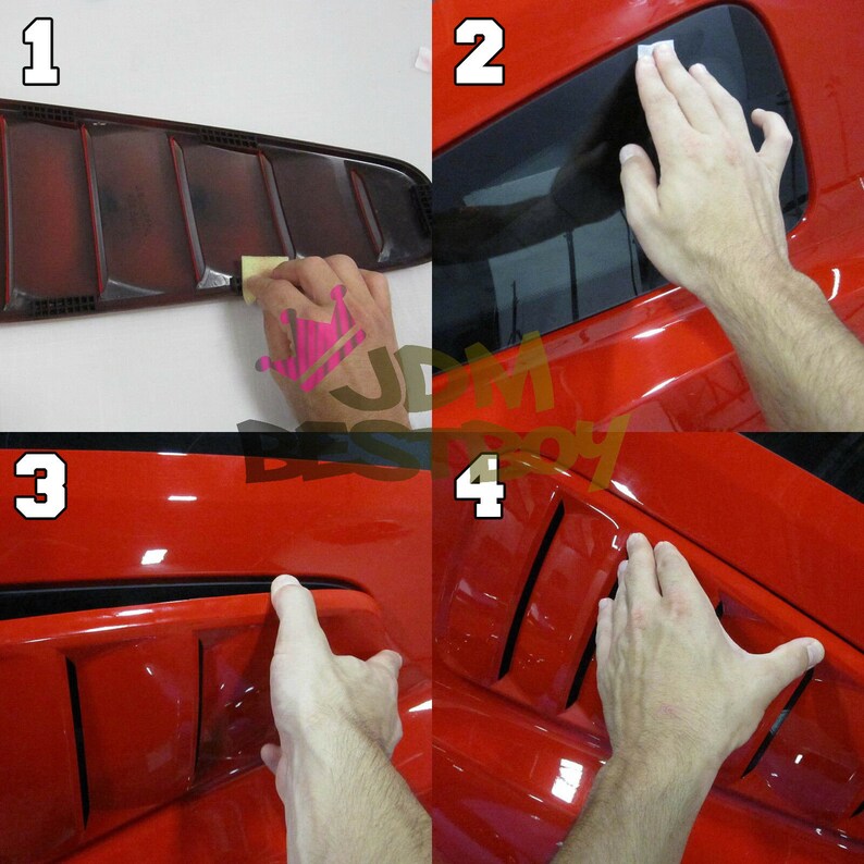 May include: A four-panel image showing the installation of a black car vent cover on a red car. The steps include cleaning, applying, and pressing the cover into place. The vent cover has a slotted design.