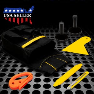 May include: A set of vinyl wrap installation tools, including a squeegee, a felt-tipped applicator, a utility knife, a yellow felt-tipped applicator, a yellow scraper, and a black tool bag with a yellow stripe.