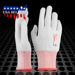 May include: A pair of light gray work gloves with a red cuff and trim. The gloves have the word "Essimo" printed in red on the right glove. The image also includes the text "USA SELLER".