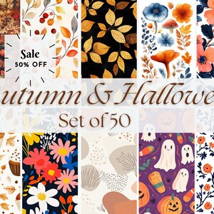 Pode incluir: Um conjunto de 50 padrões digitais sem costura com temas de outono e Halloween. Os padrões incluem folhas, abóboras, fantasmas, cupcakes e muito mais. Os padrões são perfeitos para criar produtos digitais, como papéis de parede, tecidos e papelaria.