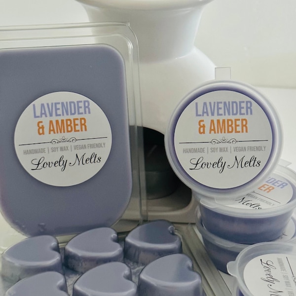 LAVENDER & AMBER Wax Melts, Soy Wax Melts, Jo Malone wax melts, Lavender Wax Melts, Vegan Wax Melts, Wax Melt Pots and Heart Clamshells