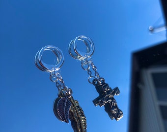 Mismatching Silver Cross and Feather Hoop Earrings