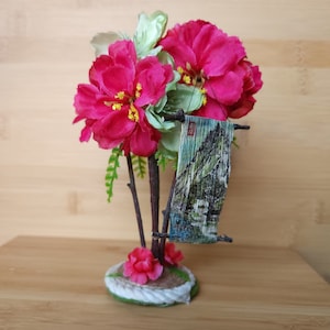 Mini flower desk tree and Miniature painting Japanese Chinese inspired small decorative art piece