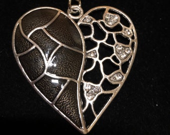 Patterned Black Enamel and White Bejeweled Heart Keychain