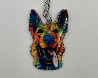 Colorful, Glossy German Shepherd Face; Dog Keychain