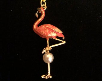 Pink Flamingo Keychain with Faux Pearl