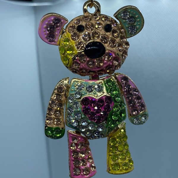 Colorful Rhinestone Movable Bear with Pink Heart on Chest