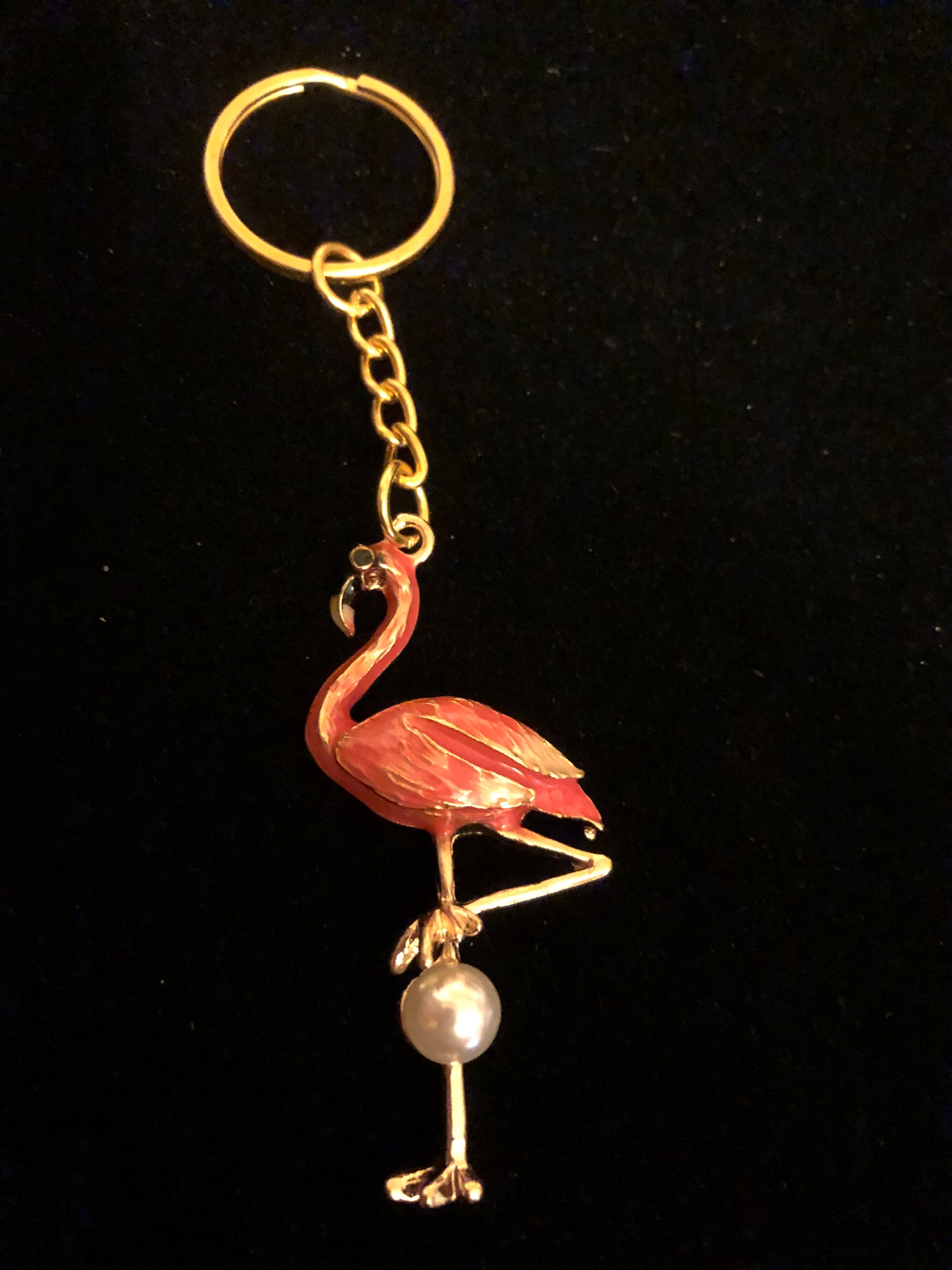 Pink Flamingo Keychain with Faux Pearl Etsy