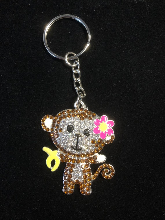 Rhinestone Cute Girl Monkey Keychain Etsy
