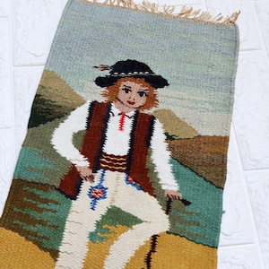 Vintage Polish Highlander Shepherd in Traditional clothing Wool Tapestry Wall Hanging Table Decor. Poland Textile Folk Art Kilim Rug.