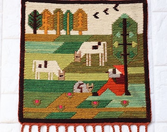 Vintage Polish Cepelia Handwoven Cowherd Dairy Farming Pattern Wall Hanging Wool Tapestry. Poland Textile Folk Art Kilim Rug Home Decor.