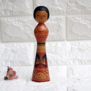 Vintage Traditional Japanese Doll Tsugaru Daruma Kokeshi by Tetsunori Okuse Wood Carving Figurine. Japan Wood Craft Special Gift Collection.