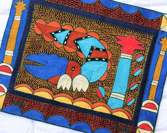 Vintage South Africa Kaross Embroidery Wild Crocodile Padded Placemat African Wildlife Hand Embroidered Shangaan Cloths Folk Art Home Decor.
