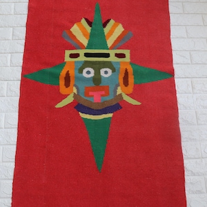 Vintage Mexican Hand Woven Wool Rug &quot;Aztec God of the Sun&quot; Cultural Pattern Wall Hanging Tapestry Mexico Textile Folk Art Rug Home Decor.