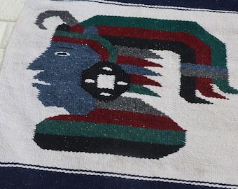 Vintage Mexican Woven Rug: Aztec God of Maize Tapestry Wall Hanging