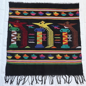 Vintage Guatemala Wall Hanging Quetzal Bird Motif Embroidery Hand Woven Rug Tapestry Folk Art Textile Home Decor Nature Lover Latin America.
