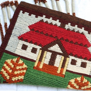 Vintage Cepelia Tapestry Polish House Pattern Wool Rug Sumak Kilim. Polish Wall Hanging Handwoven Folk Art Rug Home Decor.