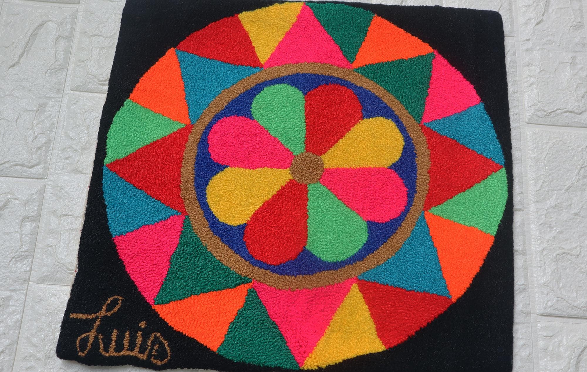 Vintage Venezuelan Luis Montiel Round Hooked Rug Colorful Op Art