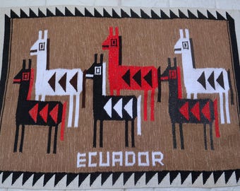 Vintage Ecuador Alpacas Motif Tapestry Wall Hanging Hand Woven Rug. Ecuadorian Folk Art South America Textile Home Decor Nature Lovers.