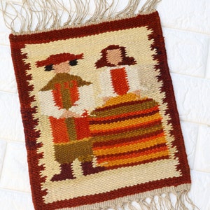 Vintage Poland Cepelia Tapestry Man Woman Traditional Costume Pattern. Polish Kilim Rug Wool Wall Hanging Handwoven Folk Art Home Decor.