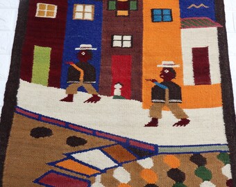 Hand Woven Andes Landscape Tapestry: Vintage Ecuador Wool Wall