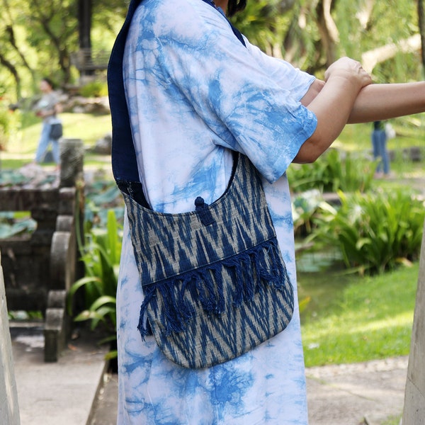 Thailand Handmade Cotton Shoulder Bag with Natural Indigo Tie Dyed. Hippie Boho Style Shoulder Bag. Asia Souvenir Special Gift.